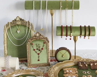 Baroque Velvet Jewelry Holder: Olive Green, Gold Ornate Vanity Organizer, Home Decor Gift