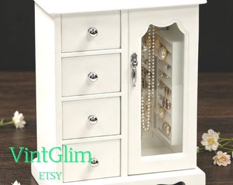 White Wooden Jewelry Box with 4 Drawers, Rotating Hooks for Necklaces & Earrings,With Mirror