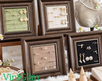 Velvet Lined Wood Frame Jewelry Display Stand, Ring Earring Holder, Desktop Organizer