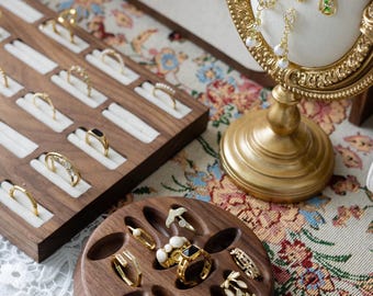 Baroque Jewelry Display Set: Walnut Ring Holder & Linen Necklace Stand