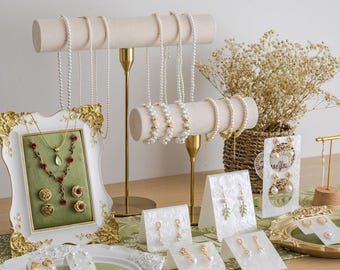 Vintage Green Velvet Jewelry Stand - Ornate Gold-Plated Necklace Tree with Ring Tray Gift Set