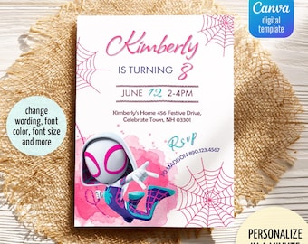 Invitación de cumpleaños de Gwen, invitación de cumpleaños de niña de Spider-Verse, invitación editable de Ghost Spidey, fiesta de Spidey Gwen, cumpleaños de niña Spider-Man