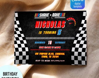 May include: A black and white birthday invitation with a race car theme. The invitation reads "Shake & Bake" and "Nicholas is turning 5". The date is December 16th, with the time from 11:00 AM to 1:00 PM.