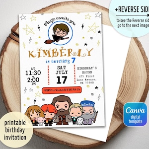 May include: A printable birthday invitation featuring a cartoon illustration of characters. The invitation is for Kimberly's 7th birthday, with event details including the date, time, and location. The design includes stars and the text "Magic awaits you."