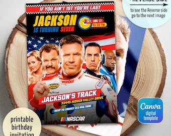 May include: A printable birthday invitation featuring a NASCAR theme. The invitation includes the text "Jackson is Turning Seven" with a photo of a race car driver and the American flag. The invitation also includes the date, time, and RSVP information.