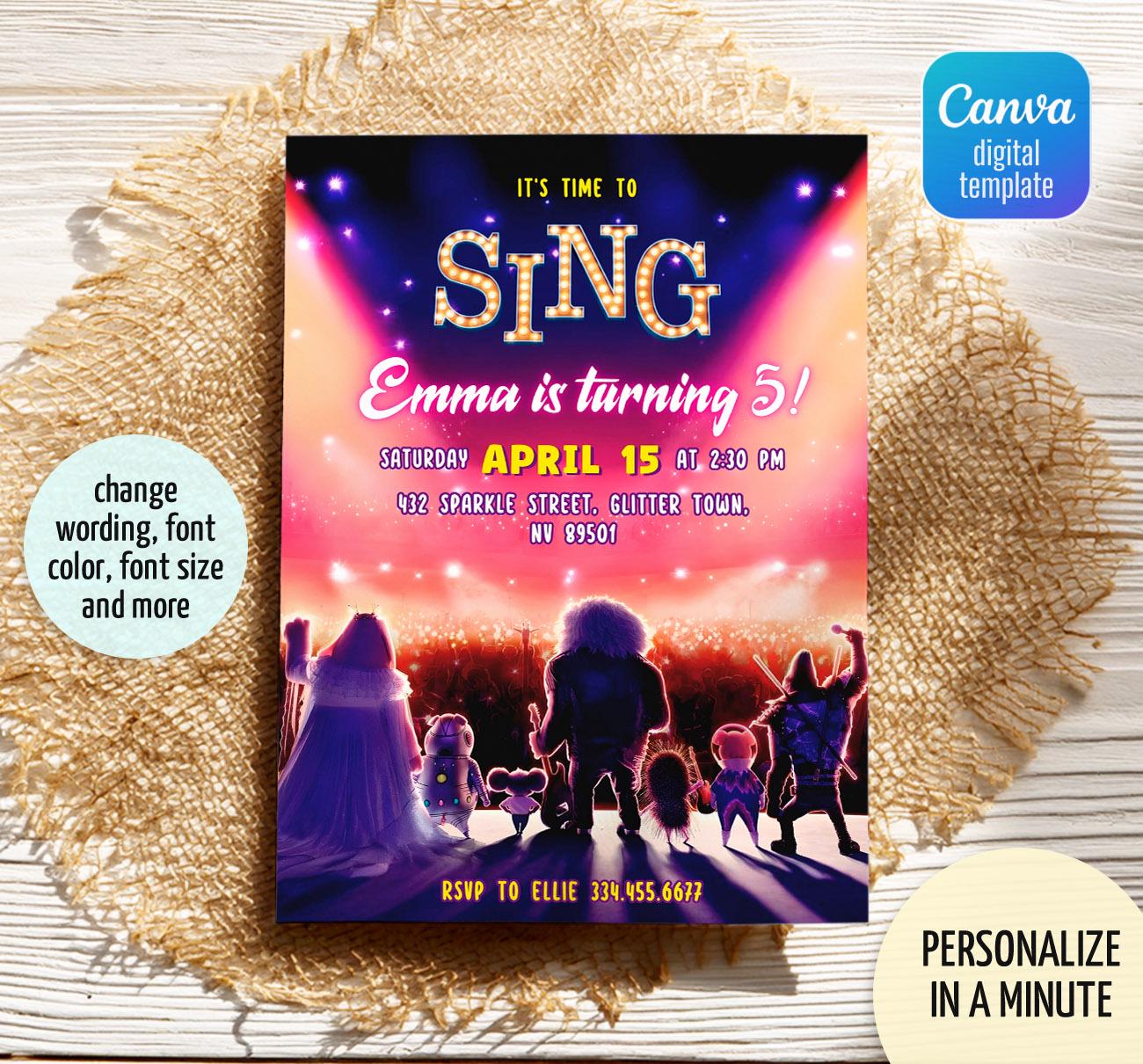 Editable singer invitation, Printable Sing 2 Birthday Invitation, karaoke girl birthday invite,Instant Download, music birthday party