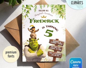 Shrek birthday invitation, printable Shrek invitation, Fiona Party invite template, editable invitation, boy girl birthday