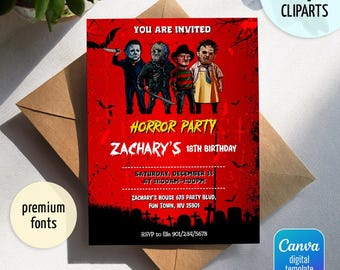 Halloween Birthday invitation, Bloody printable Invitation, Killer Movie Party Invite Template, horror movie cinema Editable Invitation
