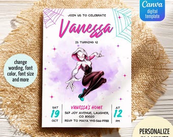 Gwen Birthday Invitation, spider-verse girl birthday invite, editable Ghost Spidey invitation, Spidey Gwen party, girl spiderman birthday