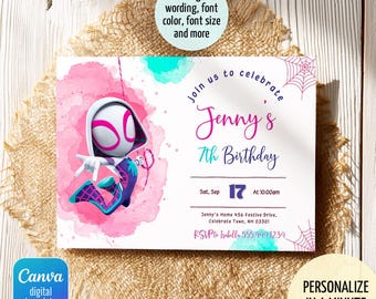 Invitación de cumpleaños de Gwen, invitación de cumpleaños de niña de Spider-Verse, invitación editable de Ghost Spidey, fiesta de Spidey Gwen, cumpleaños de niña Spider-Man