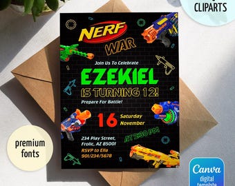 Dart gun party, dart wars birthday invitation, editable nerf invite template, boy birthday invitation, printable editable birthday invite