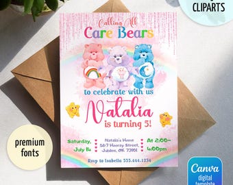 Care Bears Birthday Invitation, Printable Editable Birthday Party Invite, digital Party Invitation template, Care Bears Invitation Card