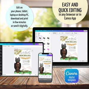 May include: A digital invitation template displayed on a laptop, tablet, and smartphone. The invitation features a cartoon dragon and the text "Join the Adventure to Celebrate Michael". The image also includes the text "Easy and Quick Editing in any browser or in Canva App".