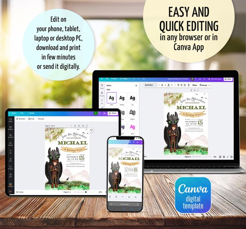 May include: A digital invitation template displayed on a laptop, tablet, and smartphone. The invitation features a cartoon dragon and the text "Join the Adventure to Celebrate Michael". The image also includes the text "Easy and Quick Editing in any browser or in Canva App".