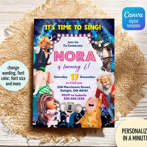 Puede incluir: Una invitación colorida para una fiesta de cumpleaños de 6 años con personajes de la película animada Sing 2. La invitación está decorada con un fondo rosa y morado e incluye el texto "It's Time to Sing!" y "Nora is turning 6!"