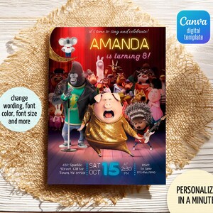 May include: A birthday party invitation featuring characters from the animated movie "Sing." The invitation has a red background with the name "AMANDA" in neon yellow, and details for the party. The Canva digital template allows for personalization.