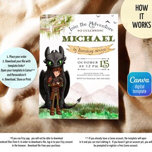 May include: A digital invitation featuring a dragon and a boy, with the text "Join the Adventure to Celebrate Michael is turning seven." The invitation includes event details and a Canva digital template logo.
