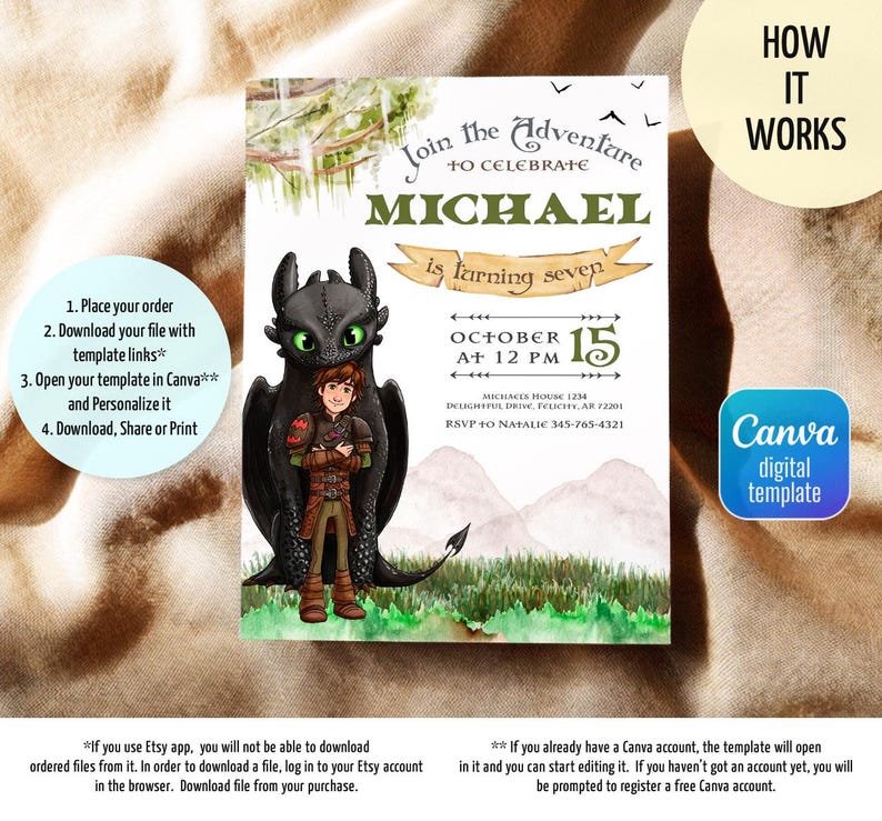 May include: A digital invitation featuring a dragon and a boy, with the text "Join the Adventure to Celebrate Michael is turning seven." The invitation includes event details and a Canva digital template logo.