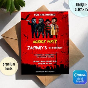 May include: A red invitation for a horror-themed party. The invitation features illustrations of horror movie characters and the text "HORROR PARTY ZACHARY'S 18TH BIRTHDAY". Additional text includes party details and RSVP information.