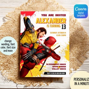 Convite de aniversário editável Deadpool e Wolverine, festa de super-heróis Wolverine Deadpool, convite para impressão