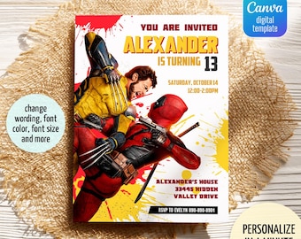 Editable Deadpool and Wolverine Birthday Invitation, Wolverine Deadpool Superheroes Party, printable Invitation