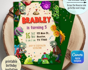 Plants vs Zombies birthday invitation, game invite, printable editable party invite template, Gamer Party, Halloween Party