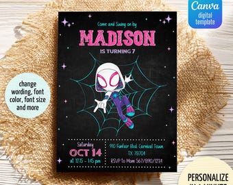 May include: A digital printable invitation for a birthday party. The invitation features a cartoon image of Spider-Gwen, a female superhero, on a black chalkboard background with a web design. The text on the invitation reads "Come and Swing on by MADISON IS TURNING 7". The invitation also includes the date, time, and location of the party.