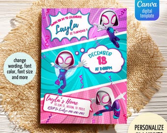 Invitación de cumpleaños de Gwen, invitación de cumpleaños de niña de Spider-Verse, invitación editable de Ghost Spidey, fiesta de Spidey Gwen, cumpleaños de niña Spider-Man