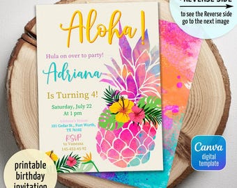 Aloha party invitation, Luau birthday, printable editable girl invite template, Pineapple invitation, Tropical Hawaii party