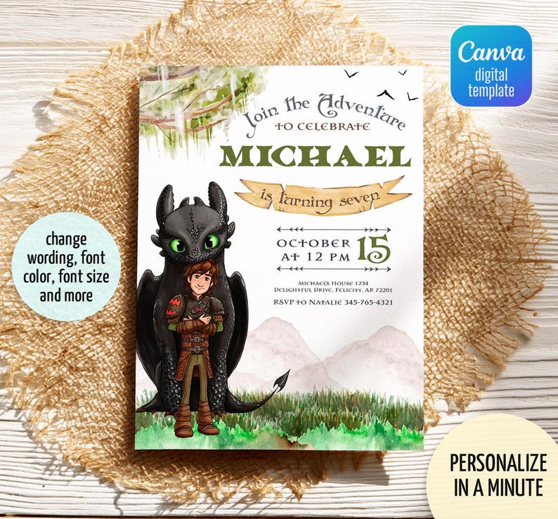 May include: A digital invitation featuring a dragon and a boy, with the text "Join the Adventure to Celebrate MICHAEL is turning seven." The invitation includes the date, time, and location. The design is a Canva digital template.