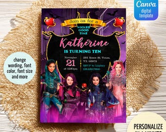 May include: Purple and black digital invitation with a black and gold shield featuring the text "Join us for a Wicked Good Time Katherine is Turning Ten" with a date of November 21st at 12:30pm. The invitation also includes an address, RSVP information, and a phone number. The background features a purple and black castle with a purple and pink sky. The invitation features four characters from the Disney movie Descendants.
