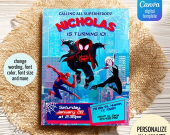 Wydrukuj zaproszenie urodzinowe, zaproszenie Spider-verse, zaproszenie spiderman, impreza superbohaterów, natychmiastowe pobranie zaproszenia superbohatera