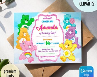 Care Bears Birthday Invitation, Printable Editable Birthday Party Invite, digital Party Invitation template, Care Bears Invitation Card
