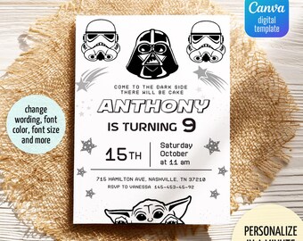 Printable birthday invitation, Star invite, Wars invitation, Darth Vader Birthday Party, instant download Stormtrooper invitation