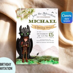 May include: A birthday invitation featuring a cartoon dragon and a boy. The invitation reads "Join the Adventure to Celebrate MICHAEL is turning seven" with the date October 15th. The design includes a green and white watercolor background.