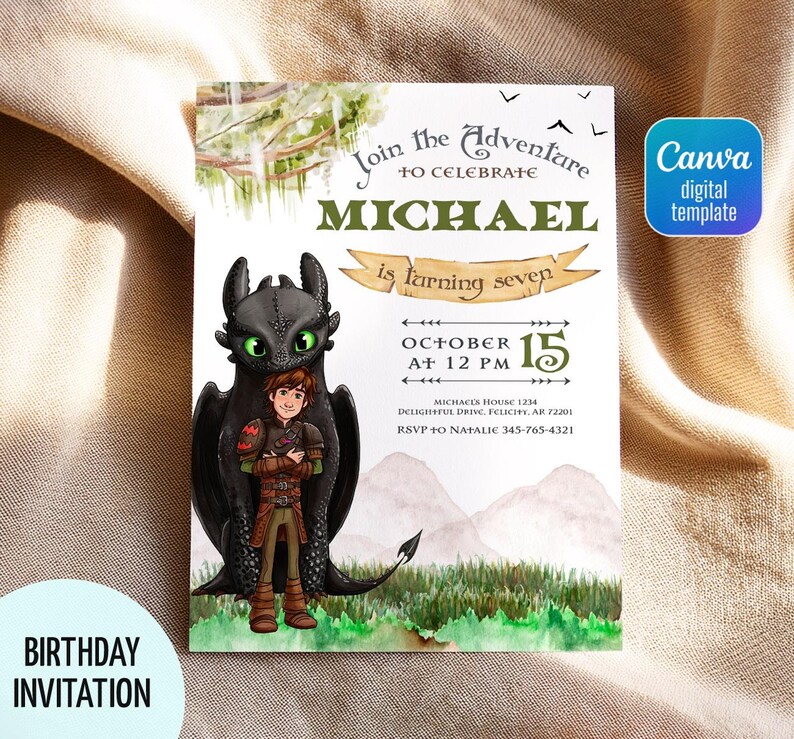 May include: A birthday invitation featuring a cartoon dragon and a boy. The invitation reads "Join the Adventure to Celebrate MICHAEL is turning seven" with the date October 15th. The design includes a green and white watercolor background.