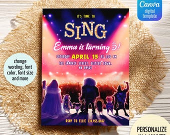 Editable singer invitation, Printable Sing 2 Birthday Invitation, karaoke girl birthday invite,Instant Download, music birthday party