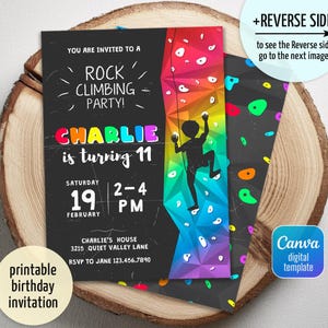 Peut inclure: Une invitation d'anniversaire imprimable pour une fête d'escalade. L'invitation présente un fond noir avec du texte et des graphiques colorés, dont une silhouette d'un grimpeur sur un mur arc-en-ciel. L'invitation est pour l'anniversaire des 11 ans de Charlie.