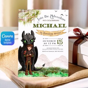 May include: A digital invitation template featuring a dragon and a boy, with the text "Join the Adventure to Celebrate Michael is turning seven." The invitation includes the date, time, and RSVP information. The Canva digital template is on a white background.