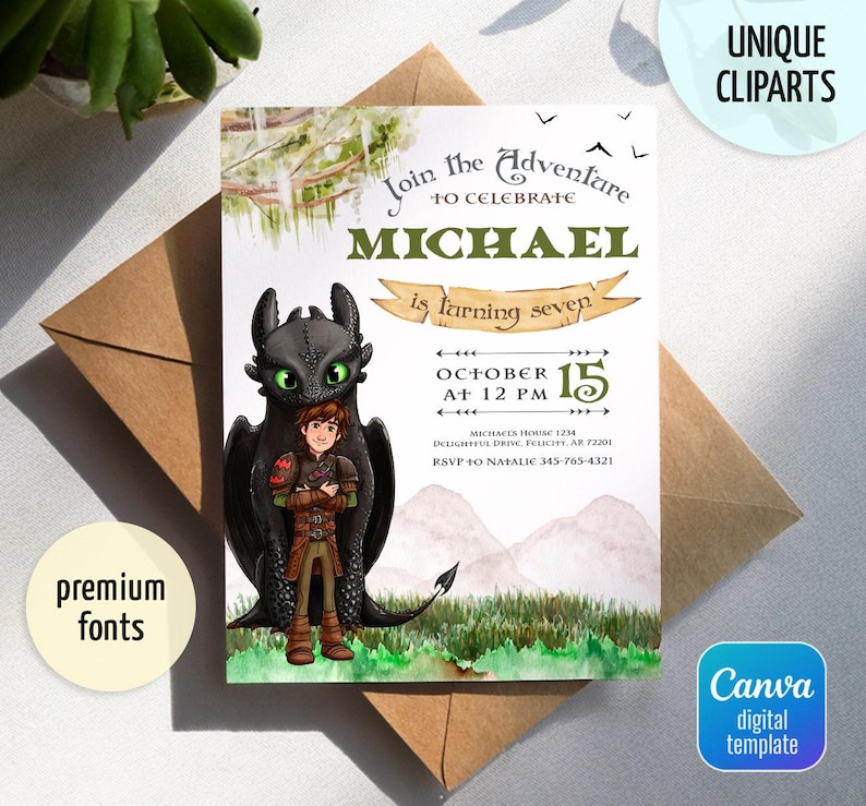 May include: A birthday invitation featuring a cartoon dragon and a boy. The invitation reads "Join the Adventure to Celebrate MICHAEL is turning seven" with the date October 15th. The design includes watercolor elements and the text "premium fonts" and "unique cliparts".
