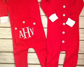 Baby Christmas Pajamas, Christmas Pajamas Baby, Baby Monogrammed Christmas Pajamas, Family Christmas Pajamas, Long Johns Baby, Red PJs