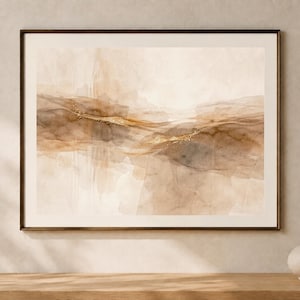 Könnte beinhalten: Ein gerahmter horizontaler Wandkunstdruck mit einem abstrakten Aquarellgemälde in geschichteten Waschungen aus Beige-, Hellbraun- und Dunkelbrauntönen. Die Komposition zeigt horizontale, fließende Linien mit strukturierten goldenen Akzenten.