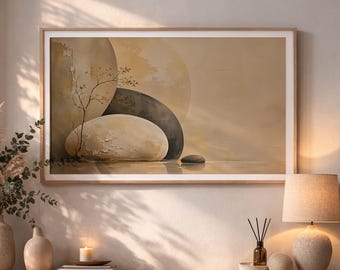 Könnte beinhalten: Ein rechteckiges Wandbild in einem hellen Holzrahmen mit einem abstrakten Gemälde aus glatten, abgerundeten Steinen in Beige-, Creme- und Anthrazittönen. Eine zarte, dünne Silhouette eines Baumzweigs erstreckt sich über den Vordergrund.
