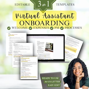 May include: A digital marketing image featuring a laptop, documents, and a smiling person. The text includes "Virtual Assistant ONBOARDING" and "READY TO USE A4 US LETTER EASY EDIT". The image is designed for virtual assistant onboarding.
