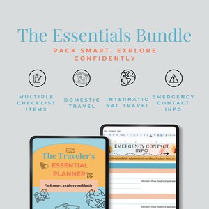 Puede incluir: Un paquete de planificador de viajes digital con el texto "The Essentials Bundle" y "The Traveler's Essential Planner". La imagen incluye iconos para elementos de lista de verificación, viajes nacionales e internacionales e información de contacto de emergencia. El planificador está diseñado para ayudarte a empacar inteligentemente y explorar con confianza.
