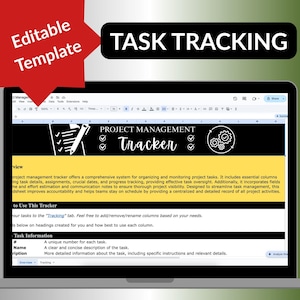 May include: A digital task tracking template displayed on a laptop screen. The template includes sections for project management, task details, and progress tracking. The words "Editable Template" and "Task Tracking" are also visible.