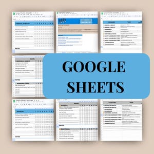 May include: A Google Sheets spreadsheet with a blue background and the text "GOOGLE SHEETS" in white. The spreadsheet is divided into sections with headings such as "Medical & Health", "Personal Care", "Physical", "Emotional", "Household", "Safety & Emergency Prep", and "Administrative". Each section has a checklist with checkboxes and tasks to be completed.