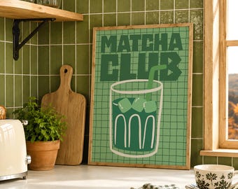 Lámina retro de Matcha Club, arte de pared con cita para la cocina en tonos verdes, póster imprimible de bebida Matcha acogedora, letrero estético para cafetería, decoración para el rincón del desayuno.