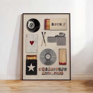 affiche imprimable collage vintage boîte d'allumettes, idée cadeau rétro pour la fête des pères, art mural tendance carte à jouer, décoration de chambre esthétique grande allumette