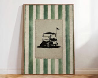 Vintage Golf Cart Wandkunst, Retro grün gestreiftes Poster, trendige Golf Stempel Raumdeko, ästhetische Golfer Geschenkidee, Golf Kunstdruck